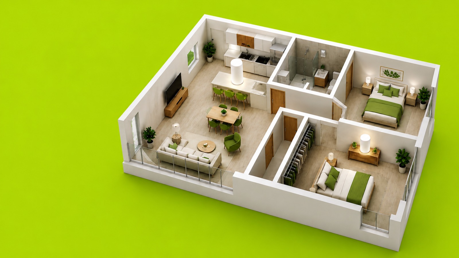 Planta isométrica de um apartamento com sala, cozinha e dois quartos, ilustrando a cobertura Wi-Fi em todos os ambientes