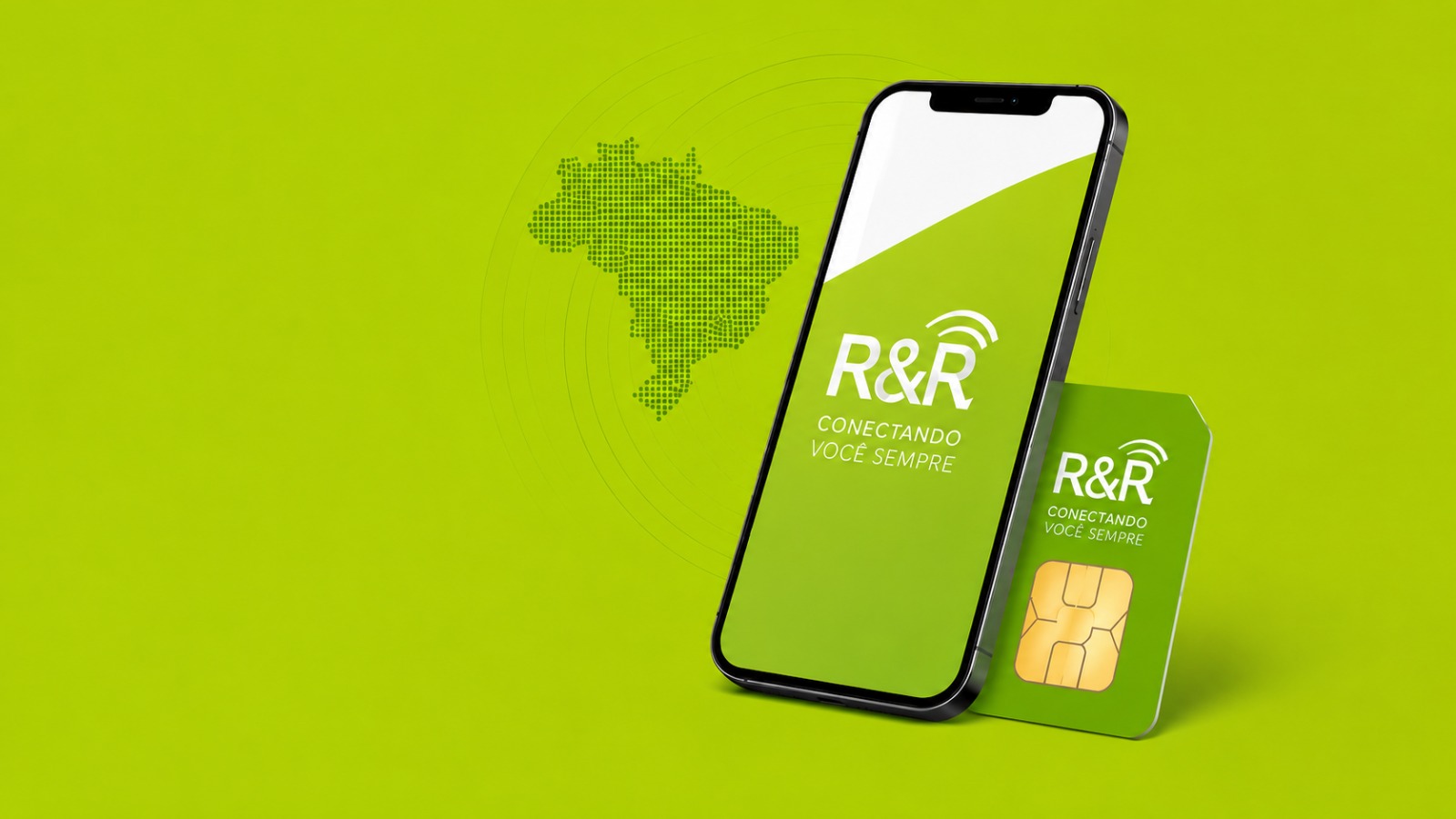 Smartphone com a marca R&R Móvel na tela ao lado de um chip R&R