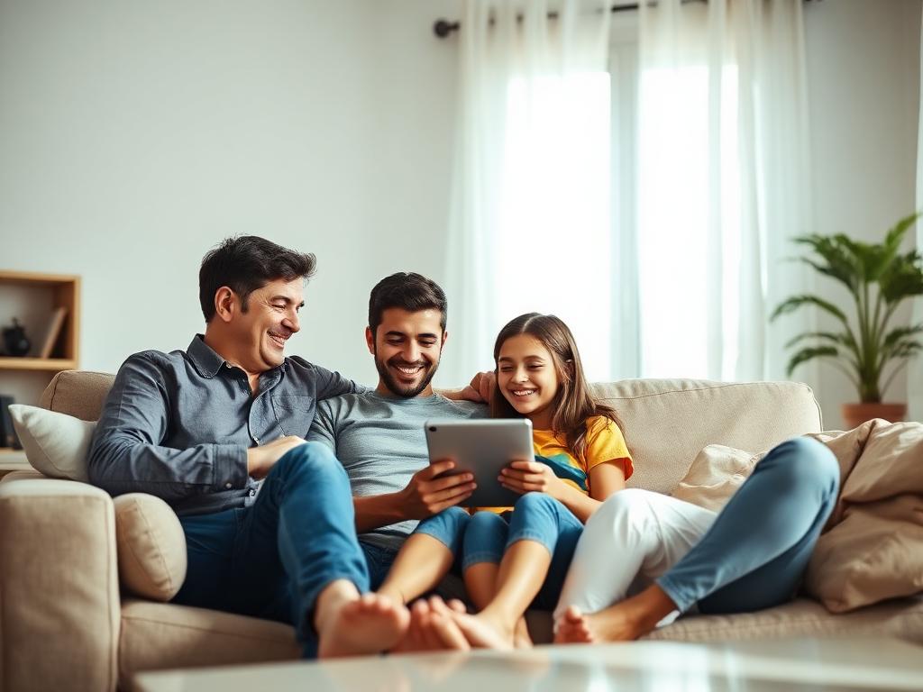 Família reunida no sofá usando um tablet