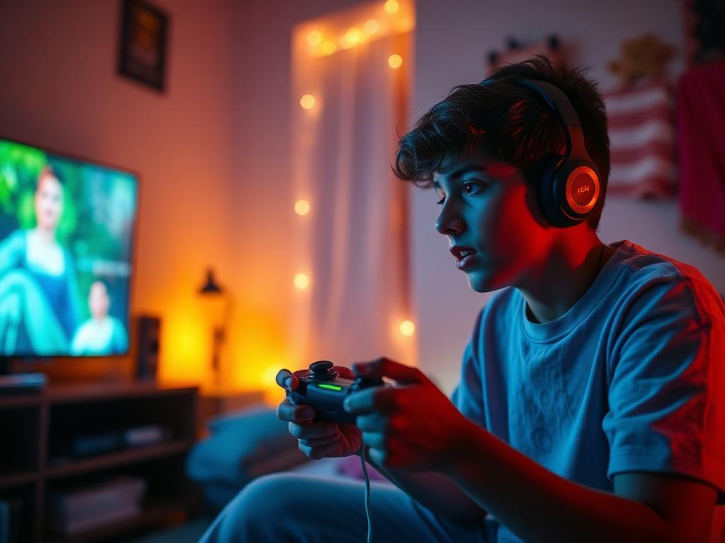 Jovem jogando videogame no quarto