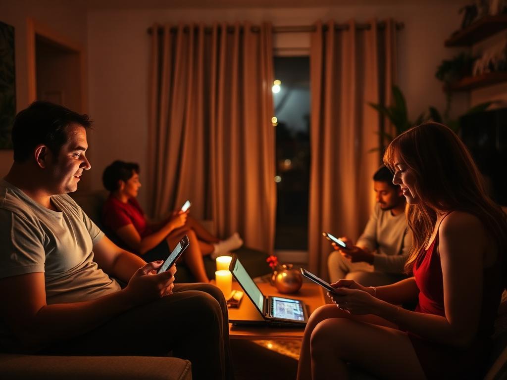 Várias pessoas na mesma sala usando celular, notebook e TV
