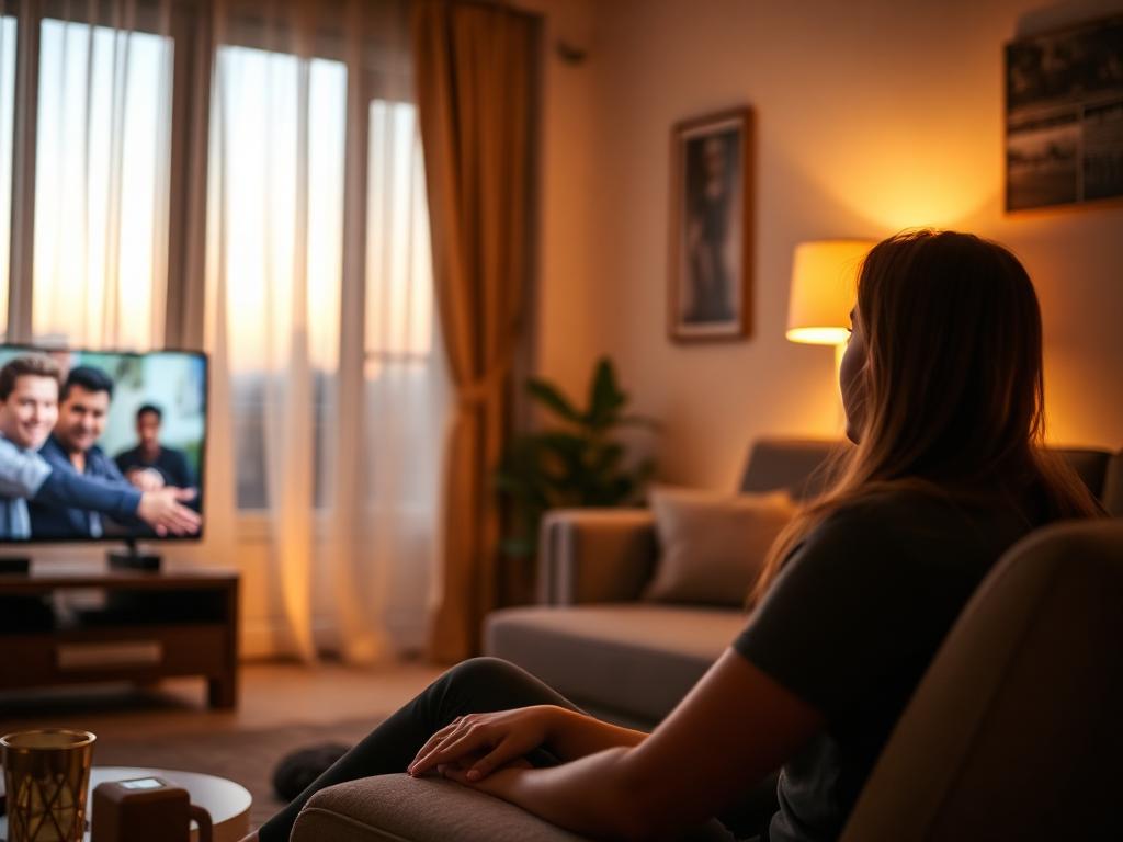 Mulher assistindo a uma série na TV da sala no fim da tarde
