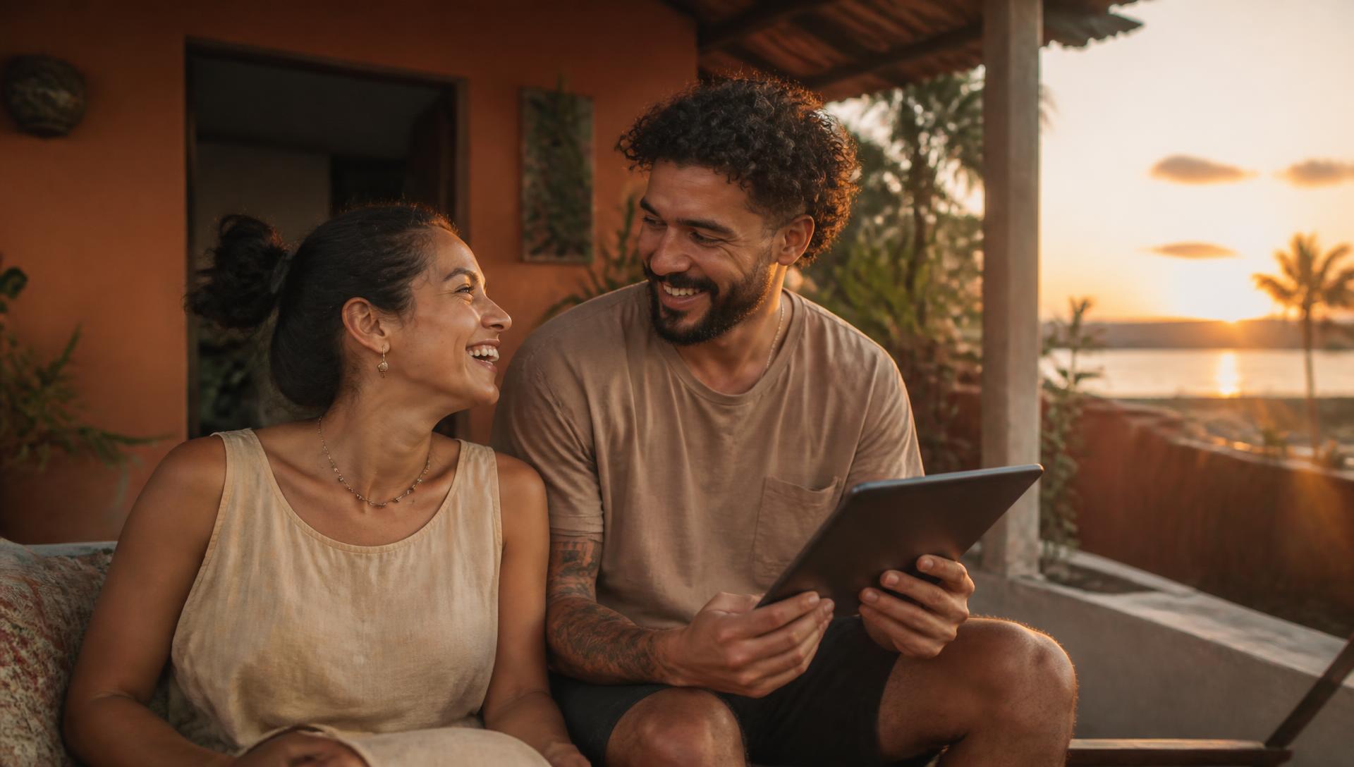Casal na varanda de casa, no fim da tarde, no litoral da Bahia